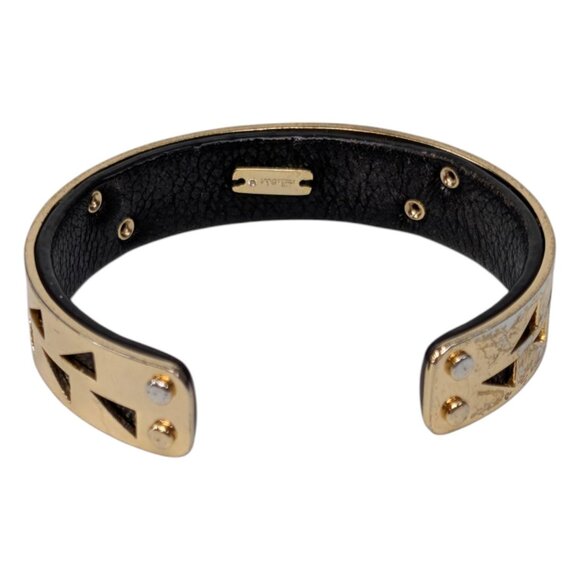 Vtg Stella Dot Addison Cuff Bracelet Gold Tone Black Leather Geometric Cutout - Picture 4 of 9